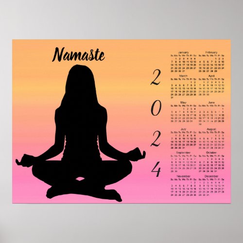 Orange and Pink 2024 Yoga Sunset Calendar Poster