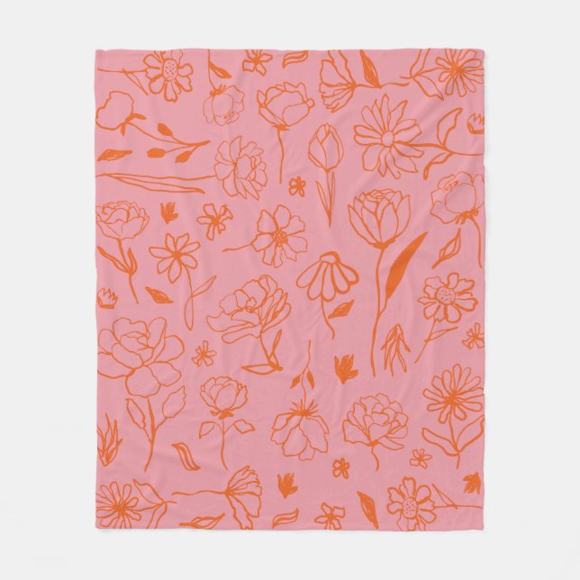 Orange and Pink Abstract Floral Botanical Ink Art  Fleece Blanket (Front)