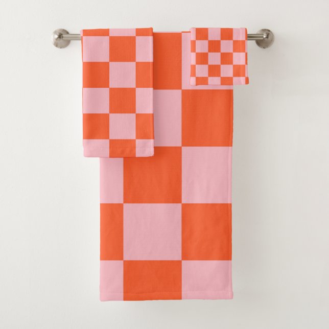 Orange and Pink Checkerboard Pattern Bath Towel Set (Insitu)