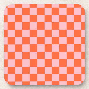Orange and Pink Checkerboard Pattern Beverage Coaster