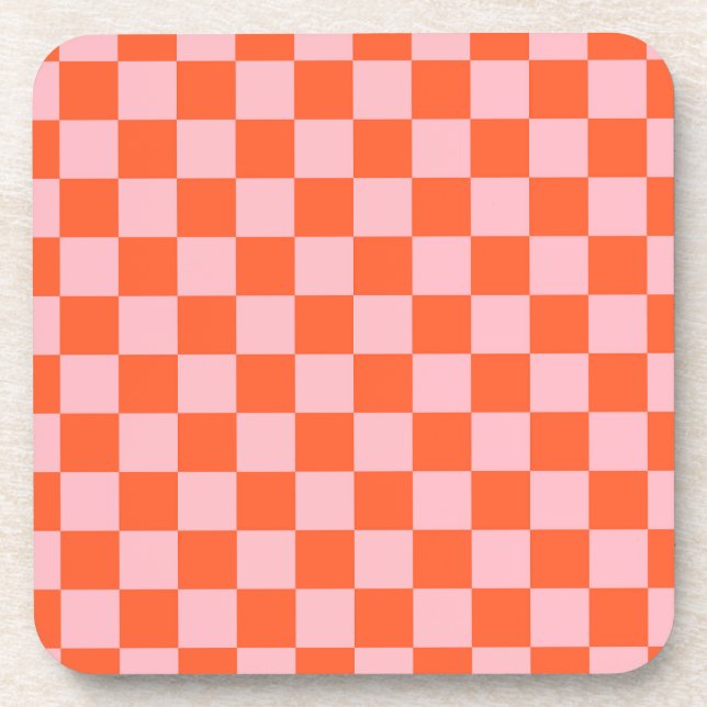 Orange and Pink Checkerboard Pattern Beverage Coaster (Front)