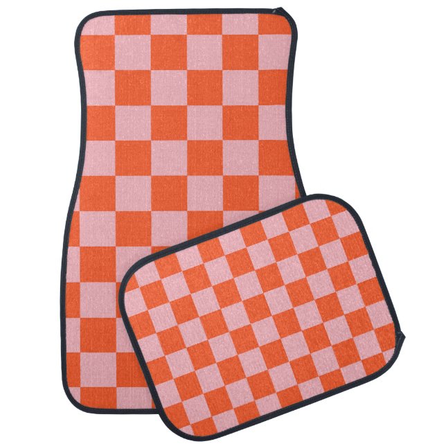 Orange and Pink Checkerboard Pattern Car Floor Mat (Set)