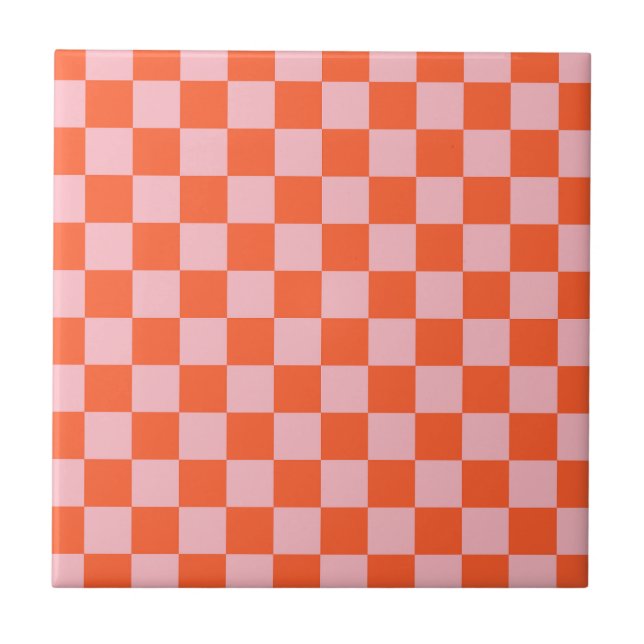 Orange and Pink Checkerboard Pattern Ceramic Tile (Front)
