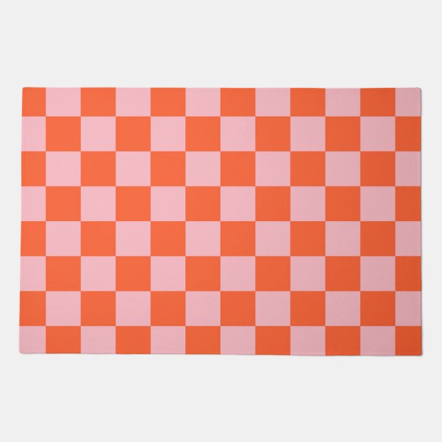 Orange and Pink Checkerboard Pattern Doormat (Front)