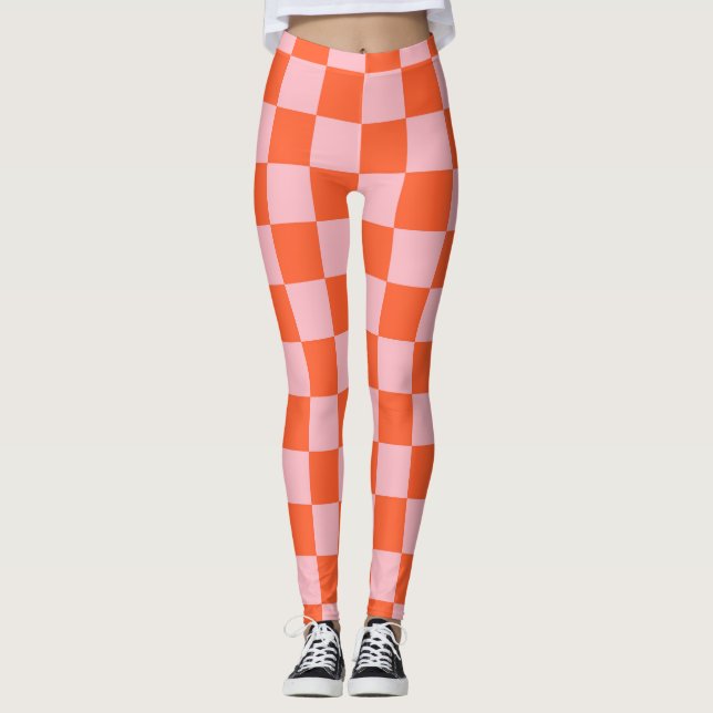 Orange and Pink Checkerboard Pattern Leggings (Front)