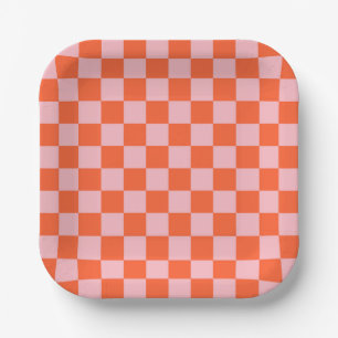 Orange and Pink Checkerboard Pattern Paper Plates