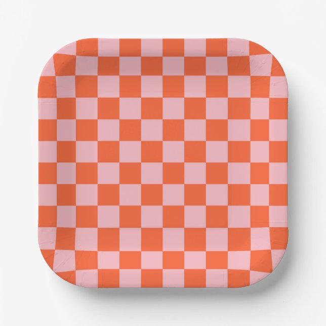 Orange and Pink Checkerboard Pattern Paper Plates (Front)