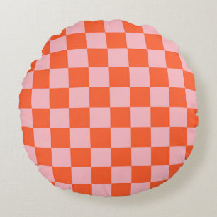 Orange and Pink Checkerboard Pattern Round Pillow