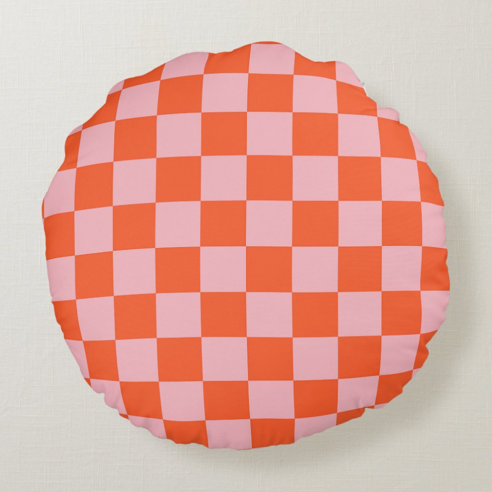Disover Orange and Pink Checkerboard Pattern Round Pillow