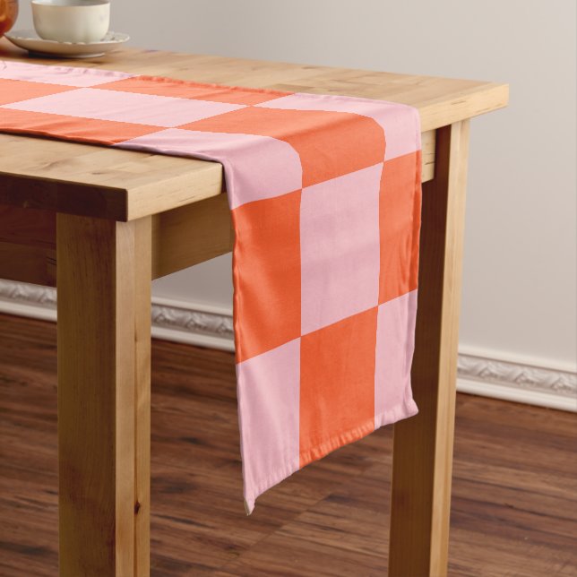 Orange and Pink Checkerboard Pattern Short Table Runner (In Situ)