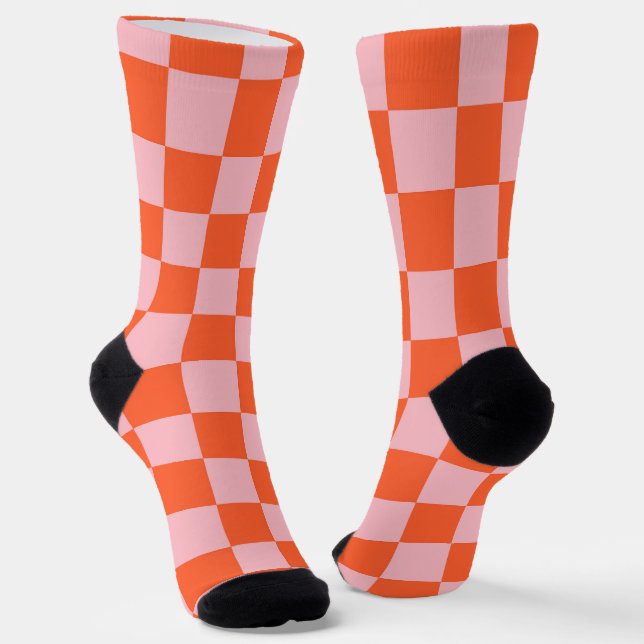 Orange and Pink Checkerboard Pattern Socks (Angled)
