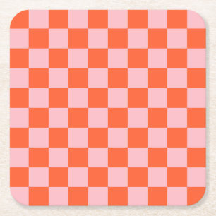 Orange and Pink Checkerboard Pattern Square Paper Coaster