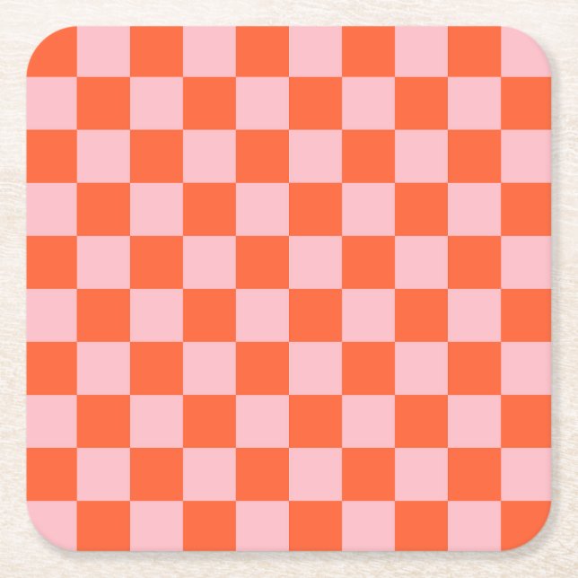 Orange and Pink Checkerboard Pattern Square Paper Coaster (Front)