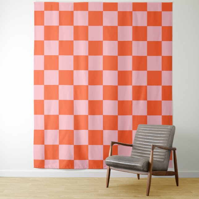 Orange and Pink Checkerboard Pattern Tapestry (In Situ)