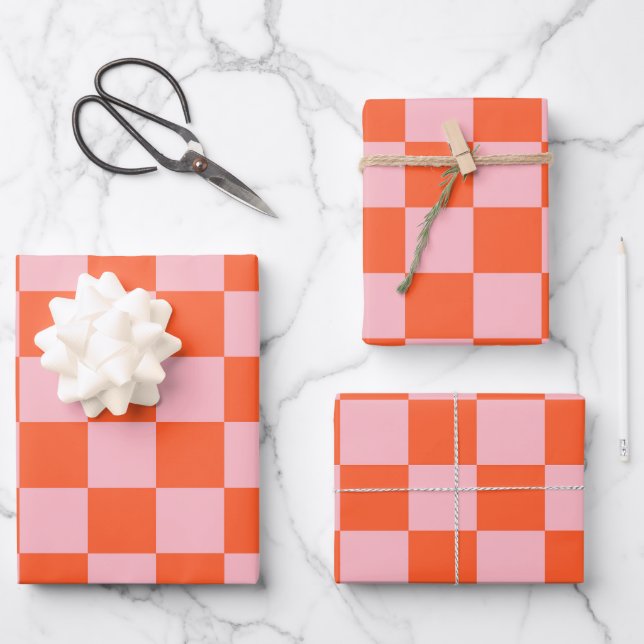 Orange and Pink Checkerboard Pattern Wrapping Paper Sheets (Front)