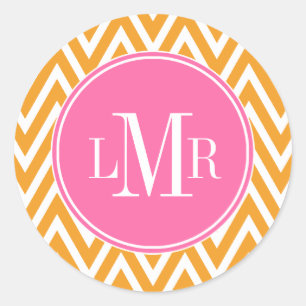 Orange and Pink Chevrons Monogram Classic Round Sticker