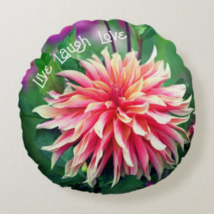 Orange and Pink Dahlia Flower Motivational Round Pillow