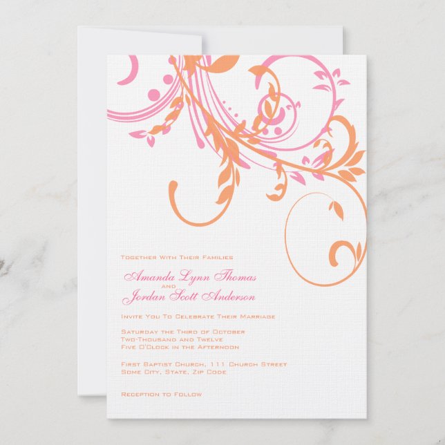 Orange and Pink Double Floral Wedding Invitation (Front)
