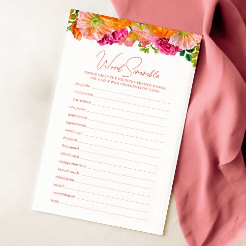 Orange and Pink Floral Bridal Word Scramble Game