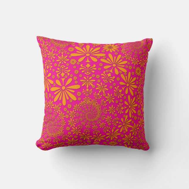 Orange and Pink Floral Pattern Throw Pillow (Front)