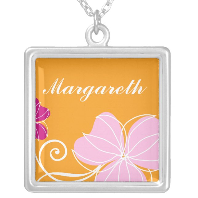 Orange and Pink Floral Silver Plated Necklace (Front)