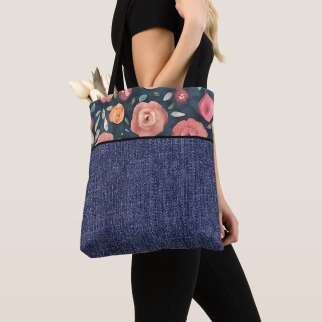 Orange and pink flowers and denim tote bag (Close Up)