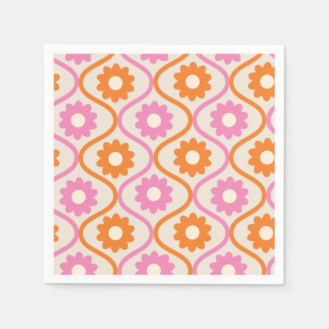 Orange and Pink Flowers on Mid Century Ogee  Napkins (Front)