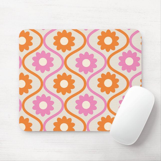 Orange and Pink Flowers on Retro Ogee  Mouse Pad (With Mouse)