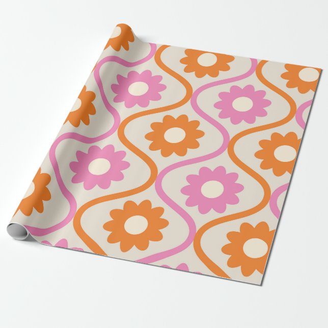 Orange and Pink Flowers on Retro Ogee Pattern  Wrapping Paper (Unrolled)
