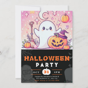 Orange and Pink Ghosts Pumpkins Halloween Invitation