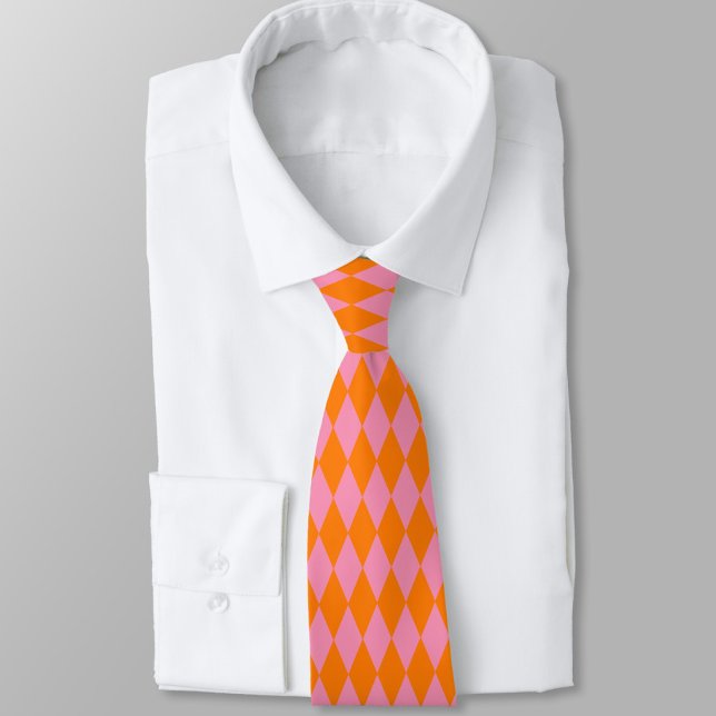 Orange and Pink Harlequin Checkered Design  Neck Tie (Creator Uploaded)