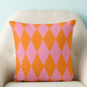 Orange and Pink Harlequin Checkered Design Throw Pillow