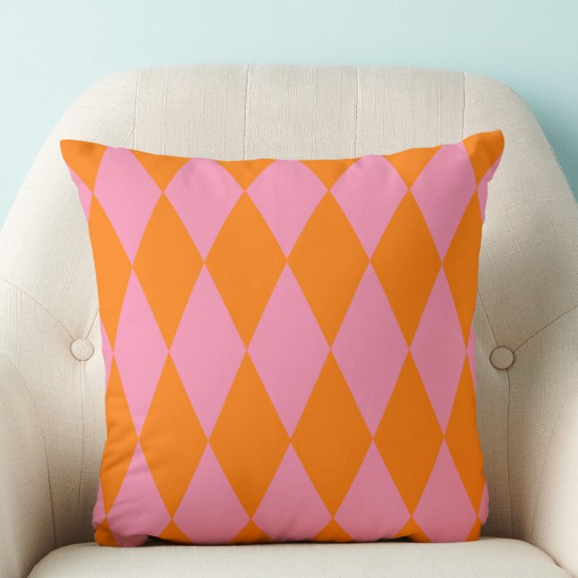 Orange and Pink Harlequin Checkered Design  Throw Pillow (Creator Uploaded)