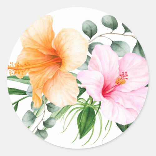 Orange and Pink Hibiscus Tropical Floral Classic Round Sticker