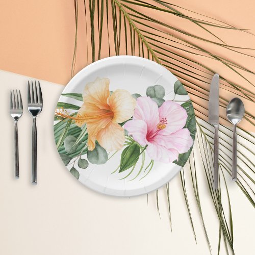 Orange and Pink Hibiscus Tropical WatercolorFloral Paper Plates