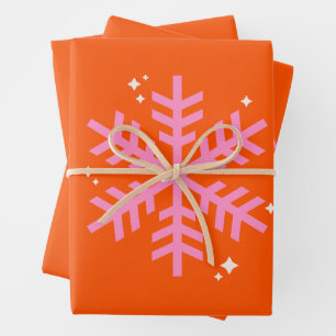 Orange and Pink Holiday Snowflake Christmas Wrapping Paper Sheets
