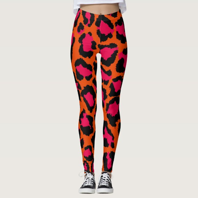 Orange and pink leopard print leggings (Front)