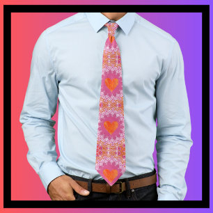 Orange and Pink Mandala Pattern with Hearts Neck Tie