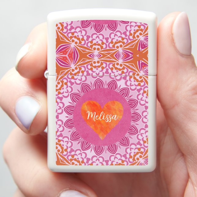 Orange and Pink Mandala Pattern with Hearts  Zippo Lighter (In Hand)