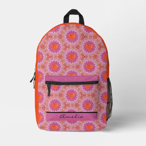 Orange and Pink Mandala with Hearts and Name  Printed Backpack