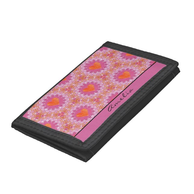 Orange and Pink Mandala with Hearts and Name  Trifold Wallet (Bottom)