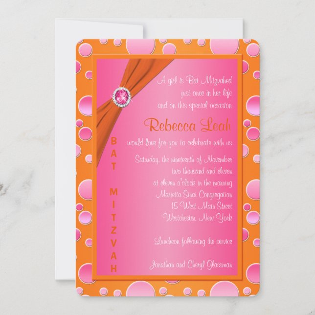 Orange and Pink Polka Dot Bat Mitzvah Invitation (Front)