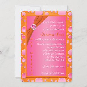 Orange and Pink Polka Dot Bat Mitzvah Invitation