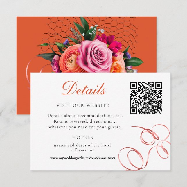 Orange and Pink Rose Detail Accommodation RSVP Card (Front/Back)