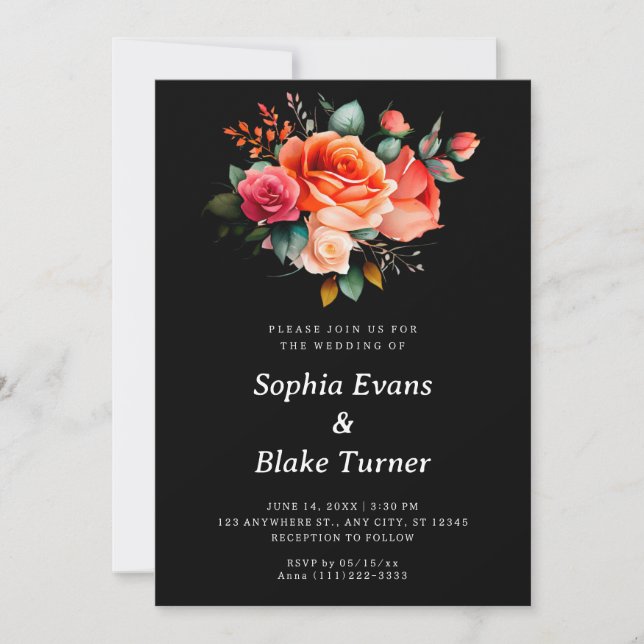 Orange and Pink Roses BlackFloral Wedding Invitation (Front)