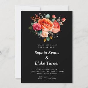 Orange and Pink Roses BlackFloral Wedding Invitation