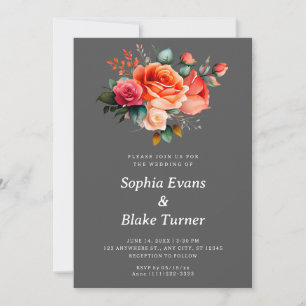 Orange and Pink Roses Gray Floral Wedding Invitation