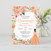 Orange and Pink Roses Summer Floral Quinceanera Invitation (Standing Front)