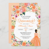 Orange and Pink Roses Summer Floral Quinceanera Invitation (Front/Back)