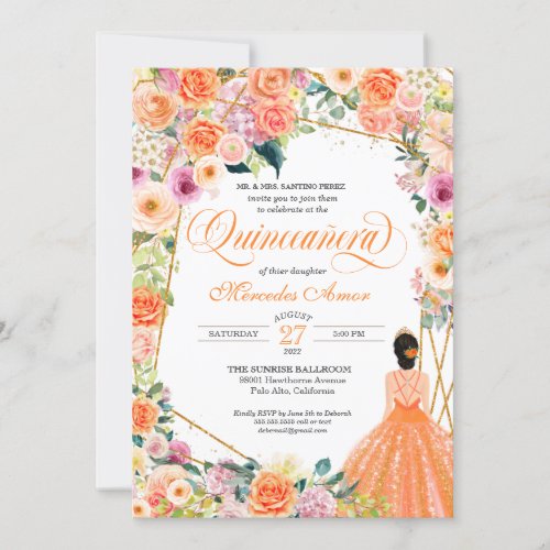 Orange and Pink Roses Summer Floral Quinceanera Invitation